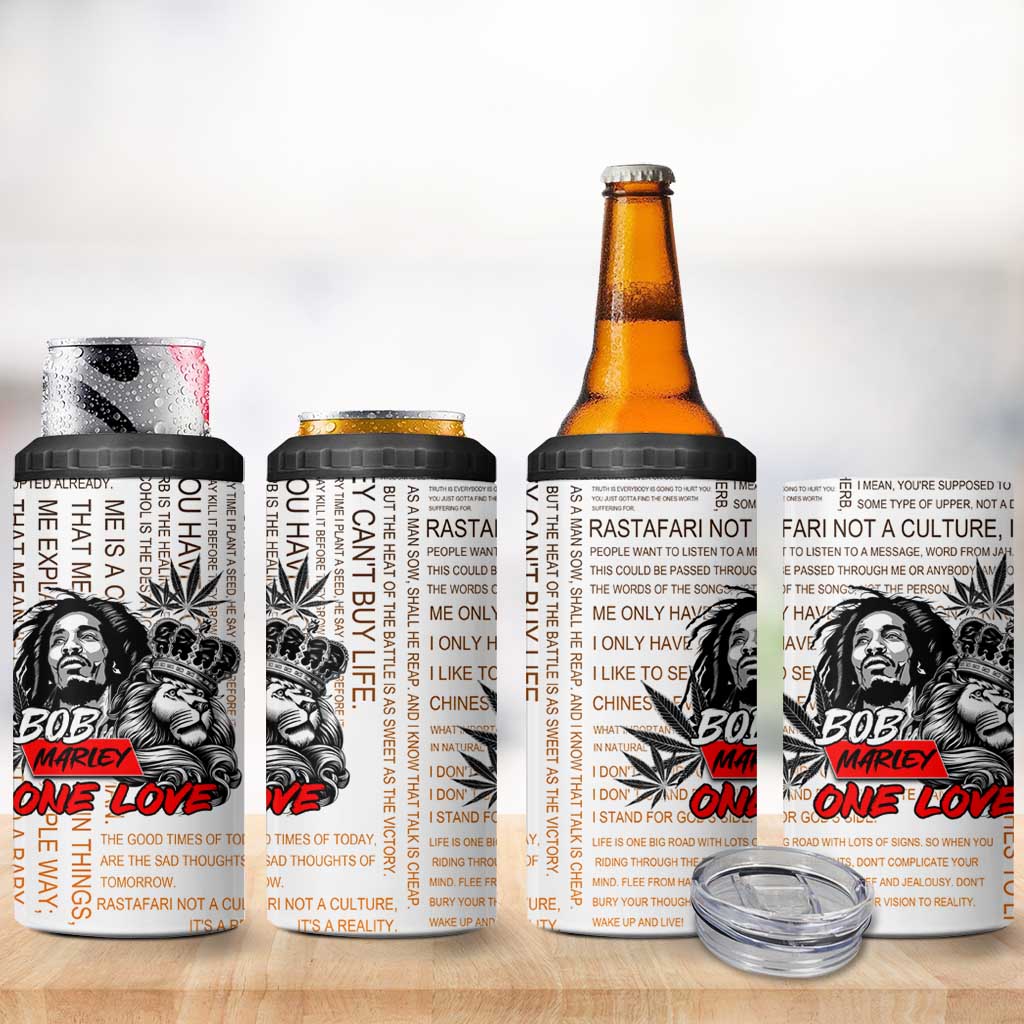 Afro King of Reggae Legend Bob 4 in 1 Can Cooler Tumbler Rastafari Lion Cannabis Typography Style