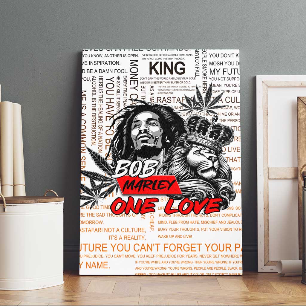 Afro King of Reggae Legend Bob Canvas Wall Art Rastafari Lion Cannabis Typography Style