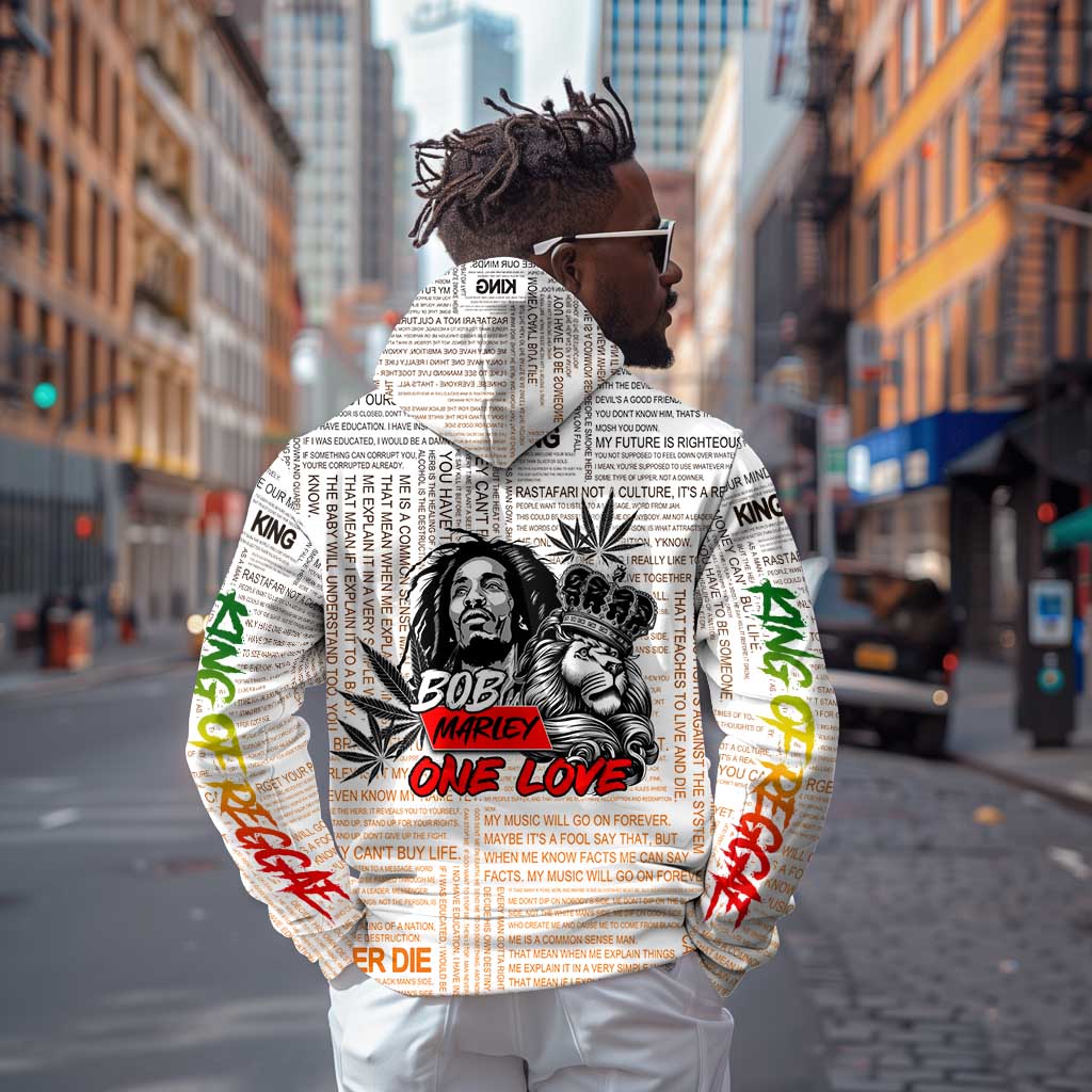 Afro King of Reggae Legend Bob Hoodie Rastafari Lion Cannabis Typography Style
