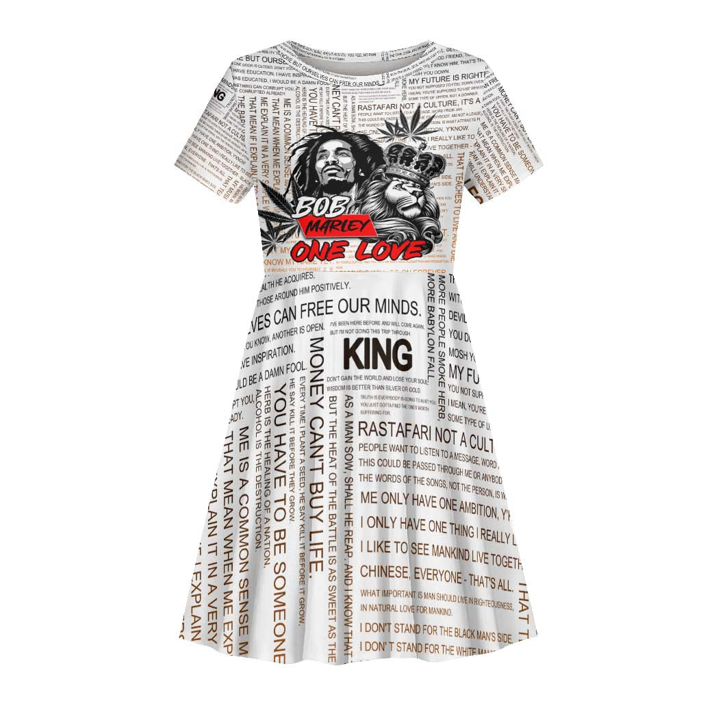 Afro King of Reggae Legend Bob Kid Short Sleeve Dress Rastafari Lion Cannabis Typography Style