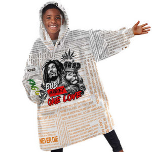 Afro King of Reggae Legend Bob Kid Wearable Blanket Hoodie Rastafari Lion Cannabis Typography Style