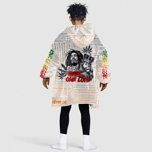 Afro King of Reggae Legend Bob Kid Wearable Blanket Hoodie Rastafari Lion Cannabis Typography Style