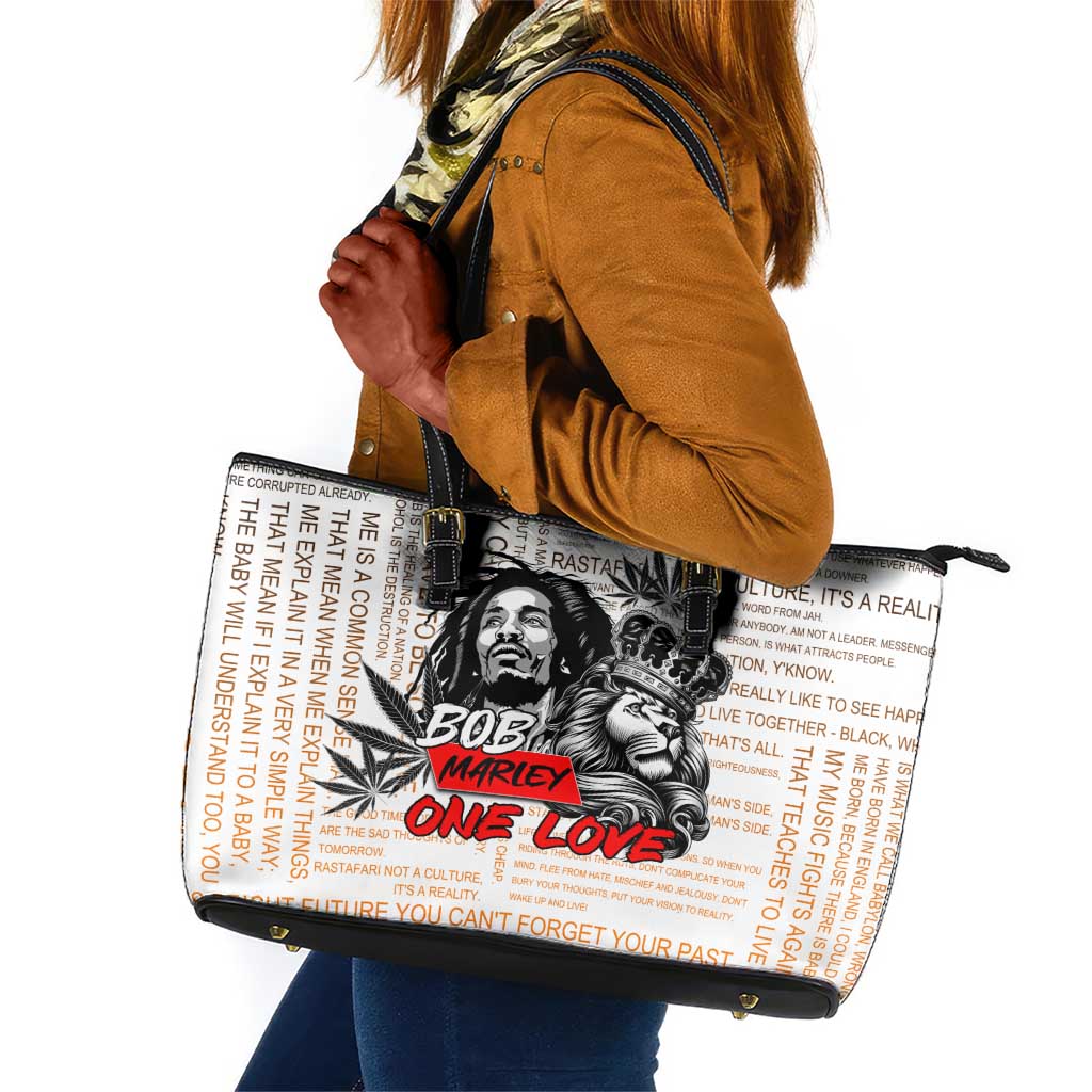 Afro King of Reggae Legend Bob Leather Tote Bag Rastafari Lion Cannabis Typography Style