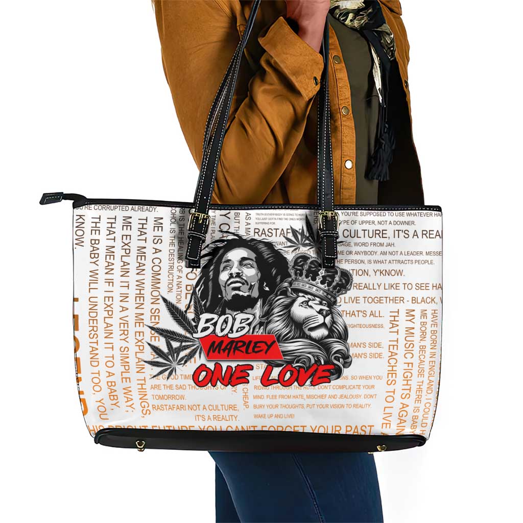 Afro King of Reggae Legend Bob Leather Tote Bag Rastafari Lion Cannabis Typography Style