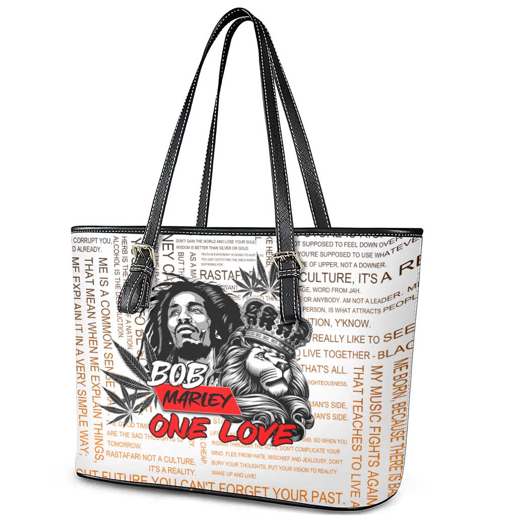 Afro King of Reggae Legend Bob Leather Tote Bag Rastafari Lion Cannabis Typography Style