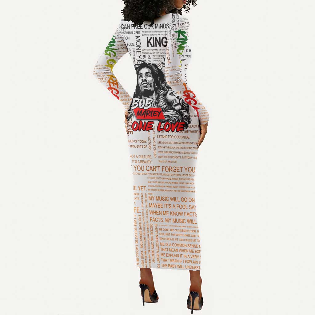 Afro King of Reggae Legend Bob Long Sleeve Bodycon Dress Rastafari Lion Cannabis Typography Style
