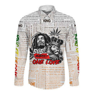 Afro King of Reggae Legend Bob Long Sleeve Button Shirt Rastafari Lion Cannabis Typography Style