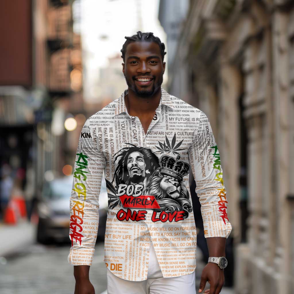 Afro King of Reggae Legend Bob Long Sleeve Button Shirt Rastafari Lion Cannabis Typography Style