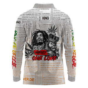 Afro King of Reggae Legend Bob Long Sleeve Polo Shirt Rastafari Lion Cannabis Typography Style