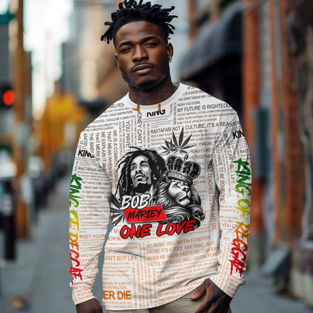 Afro King of Reggae Legend Bob Long Sleeve Shirt Rastafari Lion Cannabis Typography Style