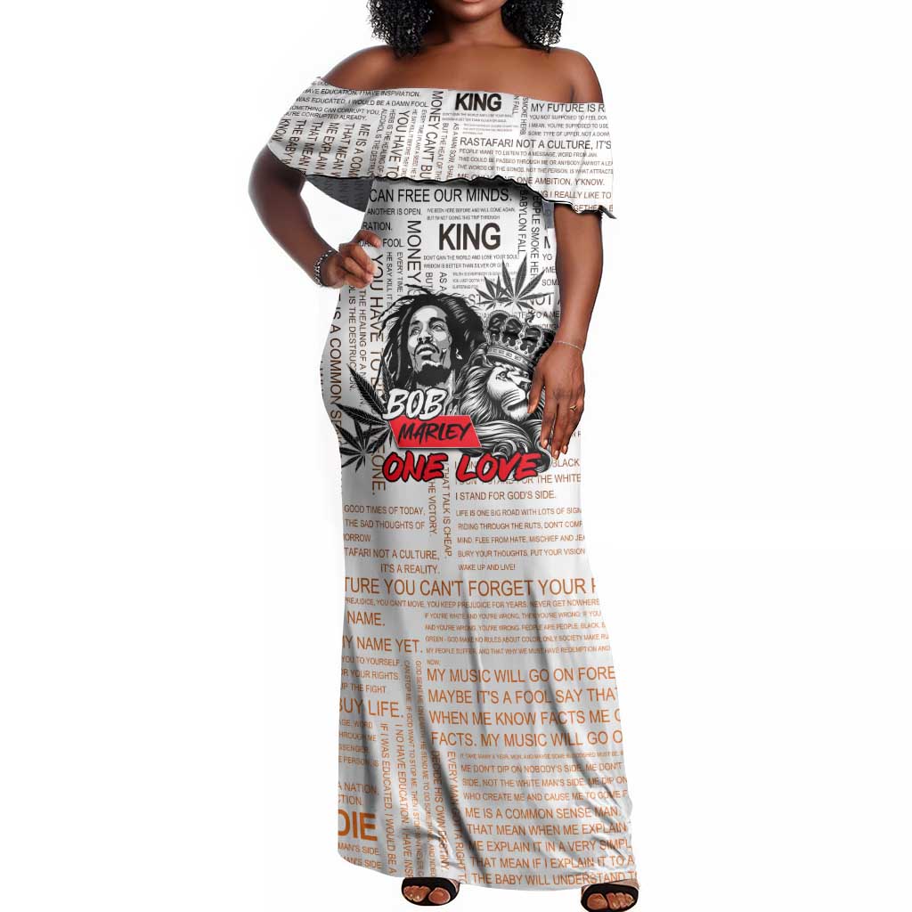 Afro King of Reggae Legend Bob Off Shoulder Maxi Dress Rastafari Lion Cannabis Typography Style