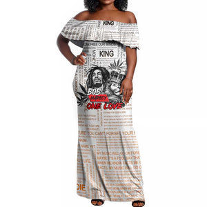 Afro King of Reggae Legend Bob Off Shoulder Maxi Dress Rastafari Lion Cannabis Typography Style