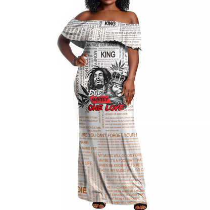 Afro King of Reggae Legend Bob Off Shoulder Maxi Dress Rastafari Lion Cannabis Typography Style