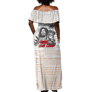 Afro King of Reggae Legend Bob Off Shoulder Maxi Dress Rastafari Lion Cannabis Typography Style