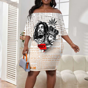 Afro King of Reggae Legend Bob Off Shoulder Short Dress Rastafari Lion Cannabis Typography Style