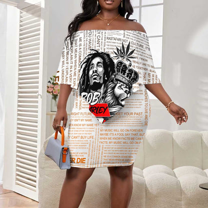 Afro King of Reggae Legend Bob Off Shoulder Short Dress Rastafari Lion Cannabis Typography Style