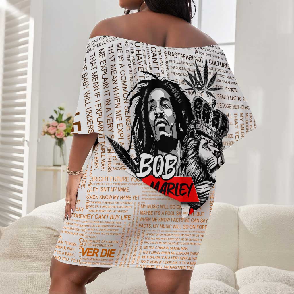 Afro King of Reggae Legend Bob Off Shoulder Short Dress Rastafari Lion Cannabis Typography Style