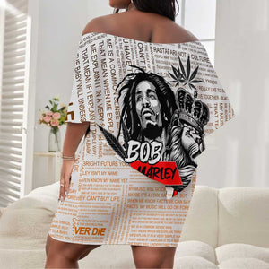 Afro King of Reggae Legend Bob Off Shoulder Short Dress Rastafari Lion Cannabis Typography Style