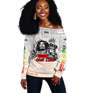 Afro King of Reggae Legend Bob Off Shoulder Sweater Rastafari Lion Cannabis Typography Style