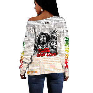 Afro King of Reggae Legend Bob Off Shoulder Sweater Rastafari Lion Cannabis Typography Style