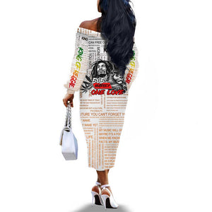 Afro King of Reggae Legend Bob Off The Shoulder Long Sleeve Dress Rastafari Lion Cannabis Typography Style