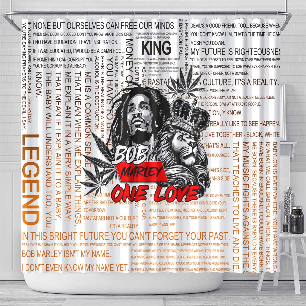Afro King of Reggae Legend Bob Shower Curtain Rastafari Lion Cannabis Typography Style