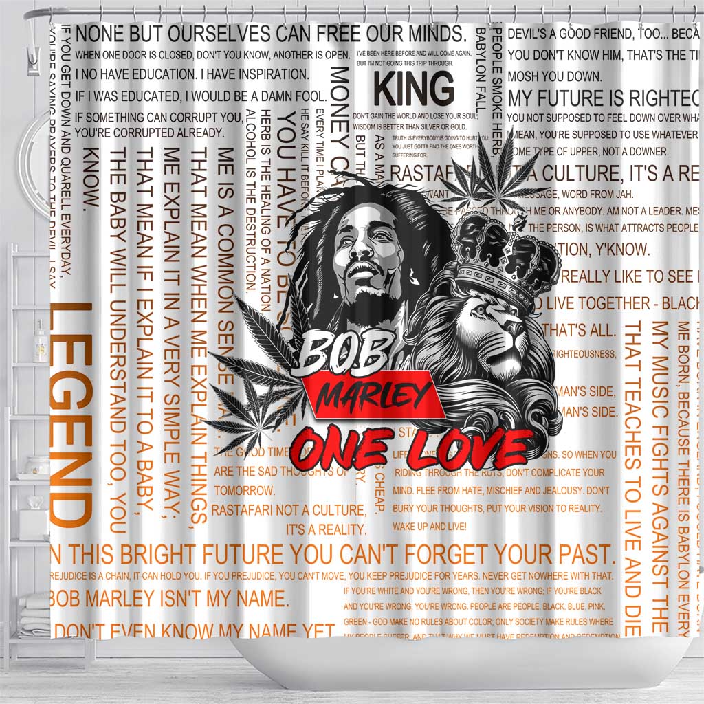Afro King of Reggae Legend Bob Shower Curtain Rastafari Lion Cannabis Typography Style