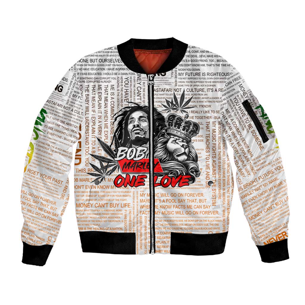 Afro King of Reggae Legend Bob Sleeve Zip Bomber Jacket Rastafari Lion Cannabis Typography Style