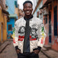 Afro King of Reggae Legend Bob Sleeve Zip Bomber Jacket Rastafari Lion Cannabis Typography Style