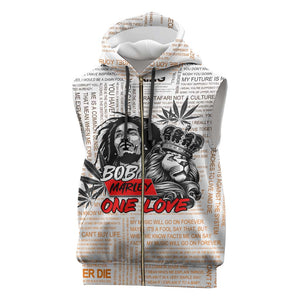 Afro King of Reggae Legend Bob Sleeveless Zip Hoodie Rastafari Lion Cannabis Typography Style - African Pride