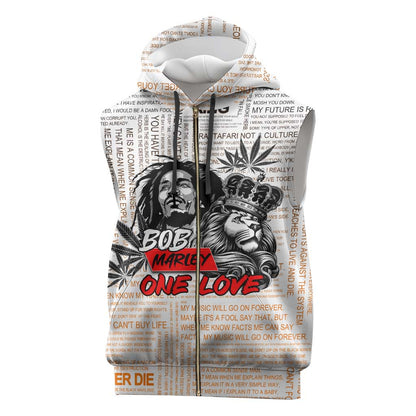 Afro King of Reggae Legend Bob Sleeveless Zip Hoodie Rastafari Lion Cannabis Typography Style - African Pride