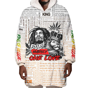 Afro King of Reggae Legend Bob Wearable Blanket Hoodie Rastafari Lion Cannabis Typography Style
