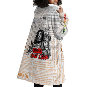 Afro King of Reggae Legend Bob Wearable Blanket Hoodie Rastafari Lion Cannabis Typography Style