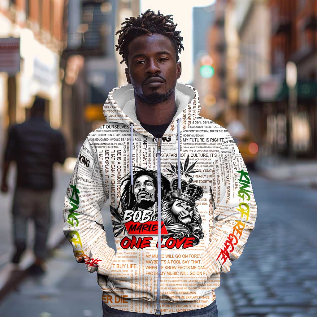 Afro King of Reggae Legend Bob Zip Hoodie Rastafari Lion Cannabis Typography Style