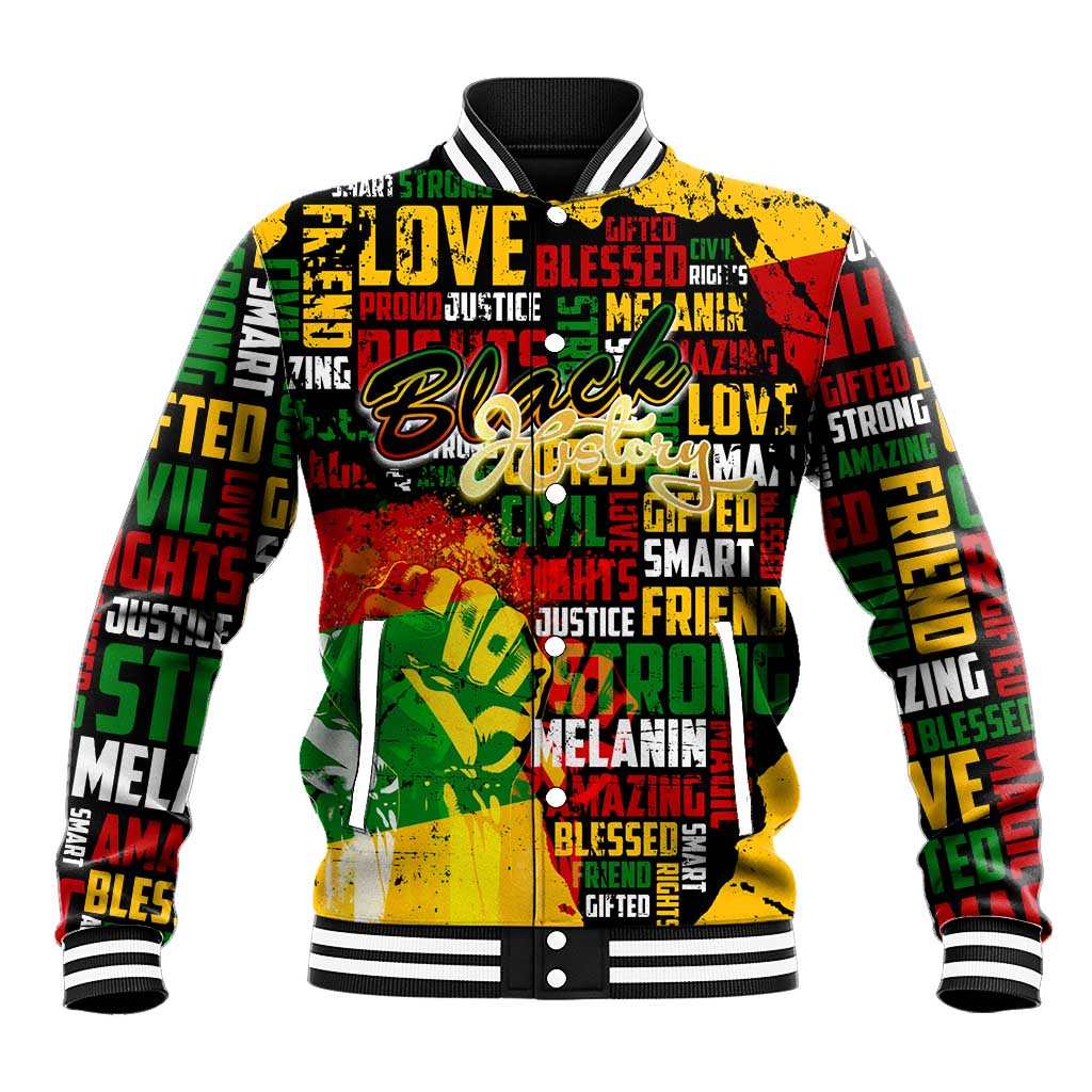 Black History Month Africa Baseball Jacket Strength Love and Justice Typography