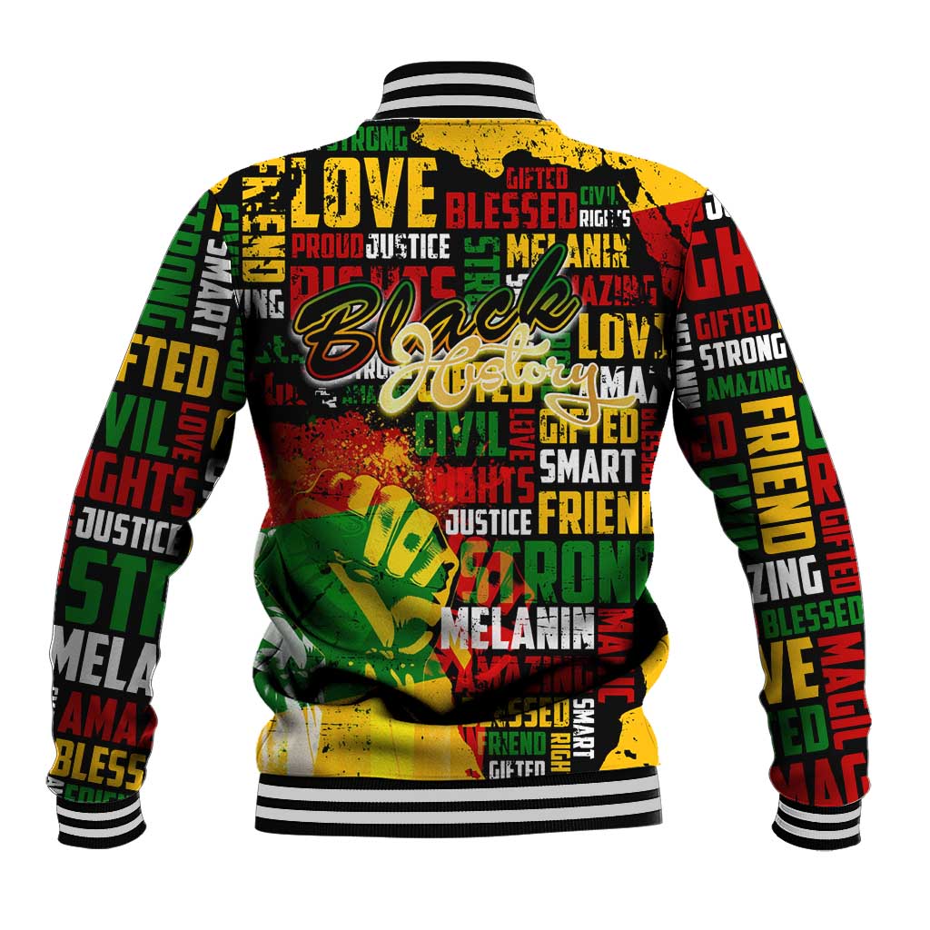 Black History Month Africa Baseball Jacket Strength Love and Justice Typography