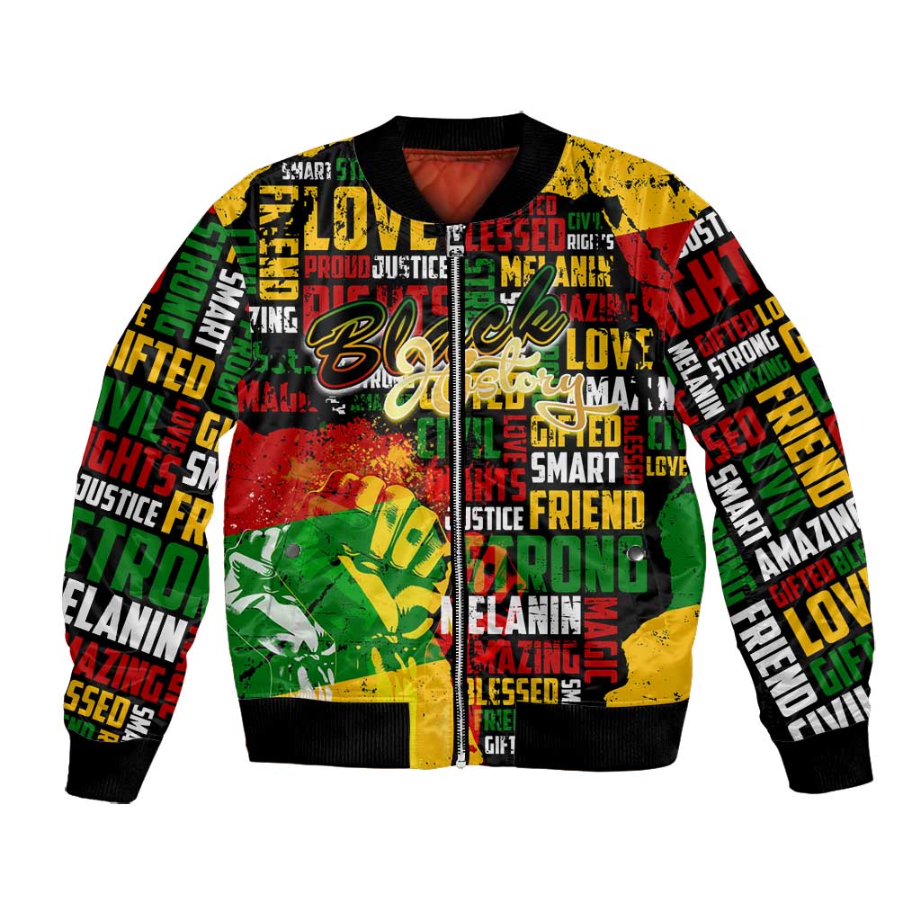 Black History Month Africa Bomber Jacket Strength Love and Justice Typography