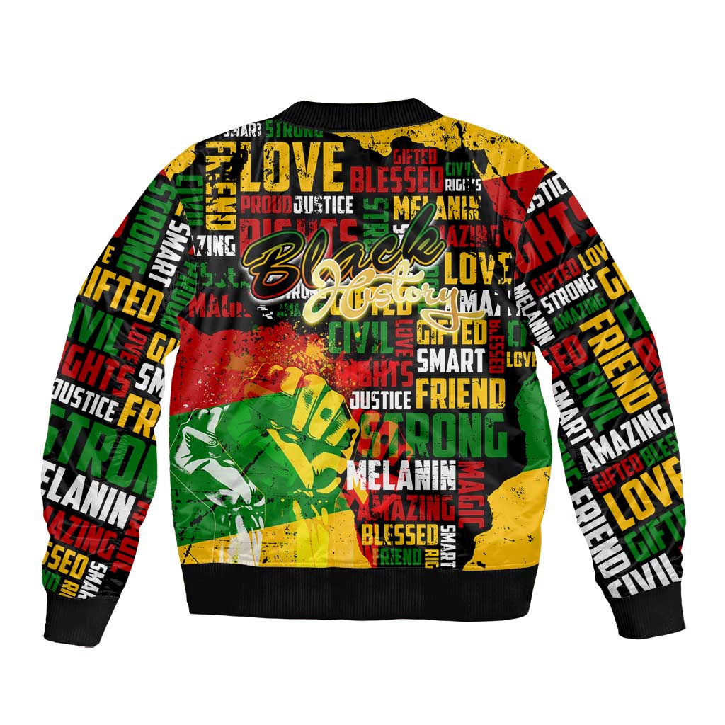 Black History Month Africa Bomber Jacket Strength Love and Justice Typography
