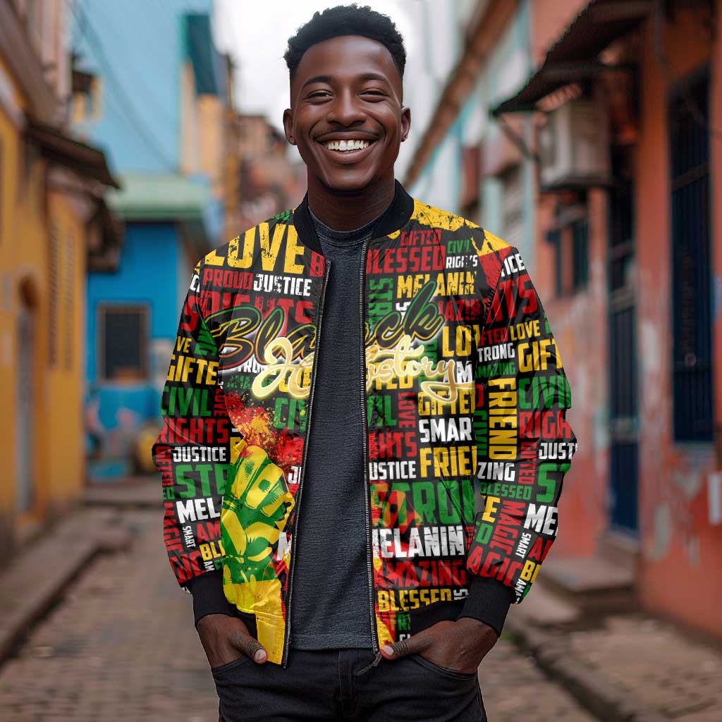Black History Month Africa Bomber Jacket Strength Love and Justice Typography