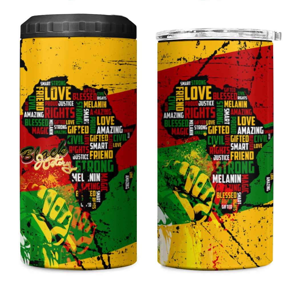 Black History Month Africa 4 in 1 Can Cooler Tumbler Strength Love and Justice Typography