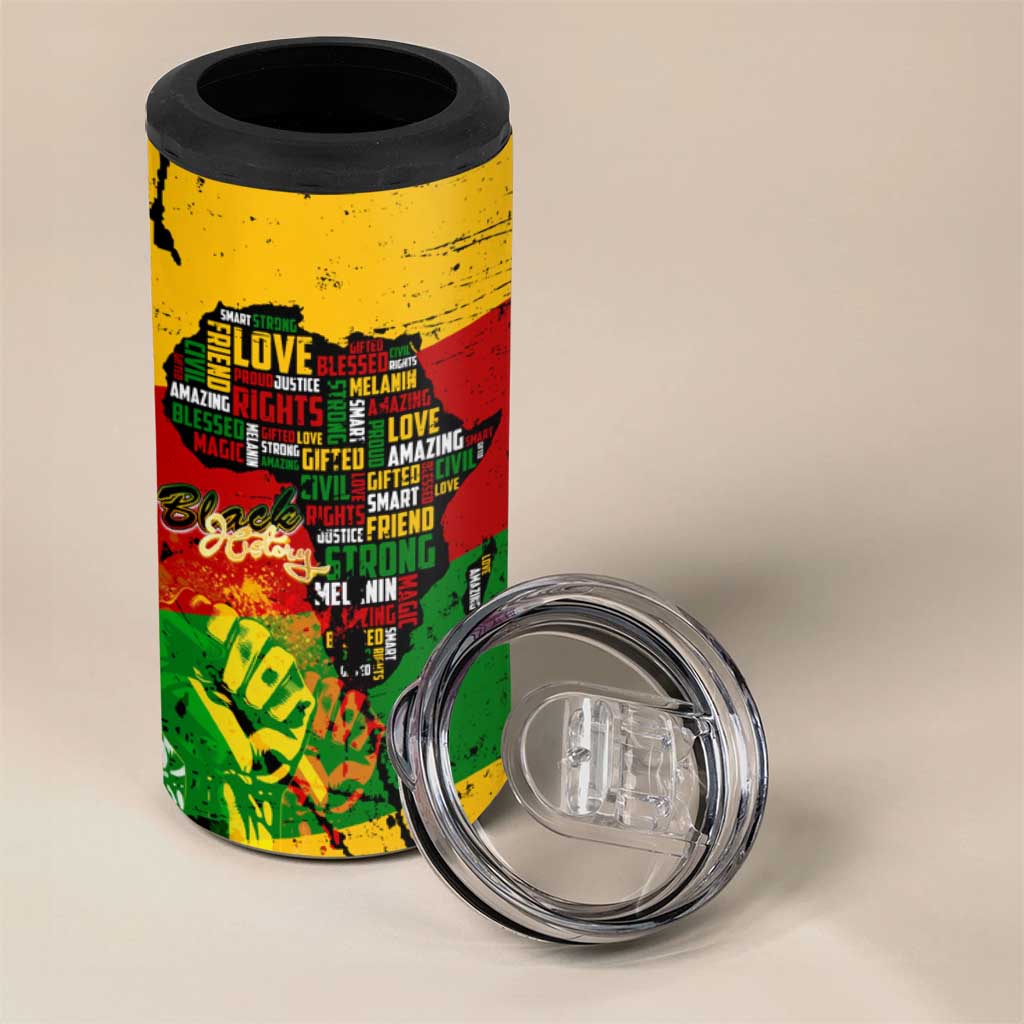 Black History Month Africa 4 in 1 Can Cooler Tumbler Strength Love and Justice Typography