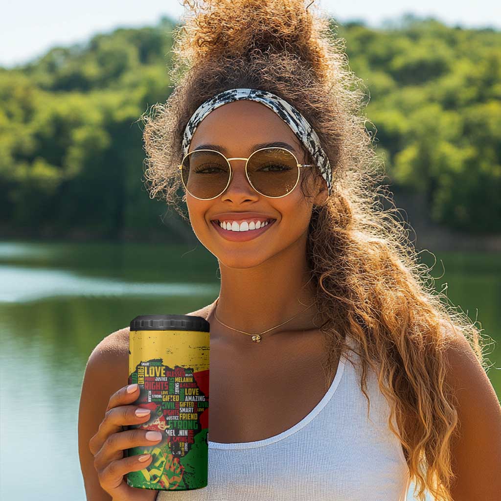 Black History Month Africa 4 in 1 Can Cooler Tumbler Strength Love and Justice Typography