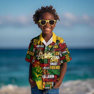 Black History Month Africa Kid Hawaiian Shirt Strength Love and Justice Typography