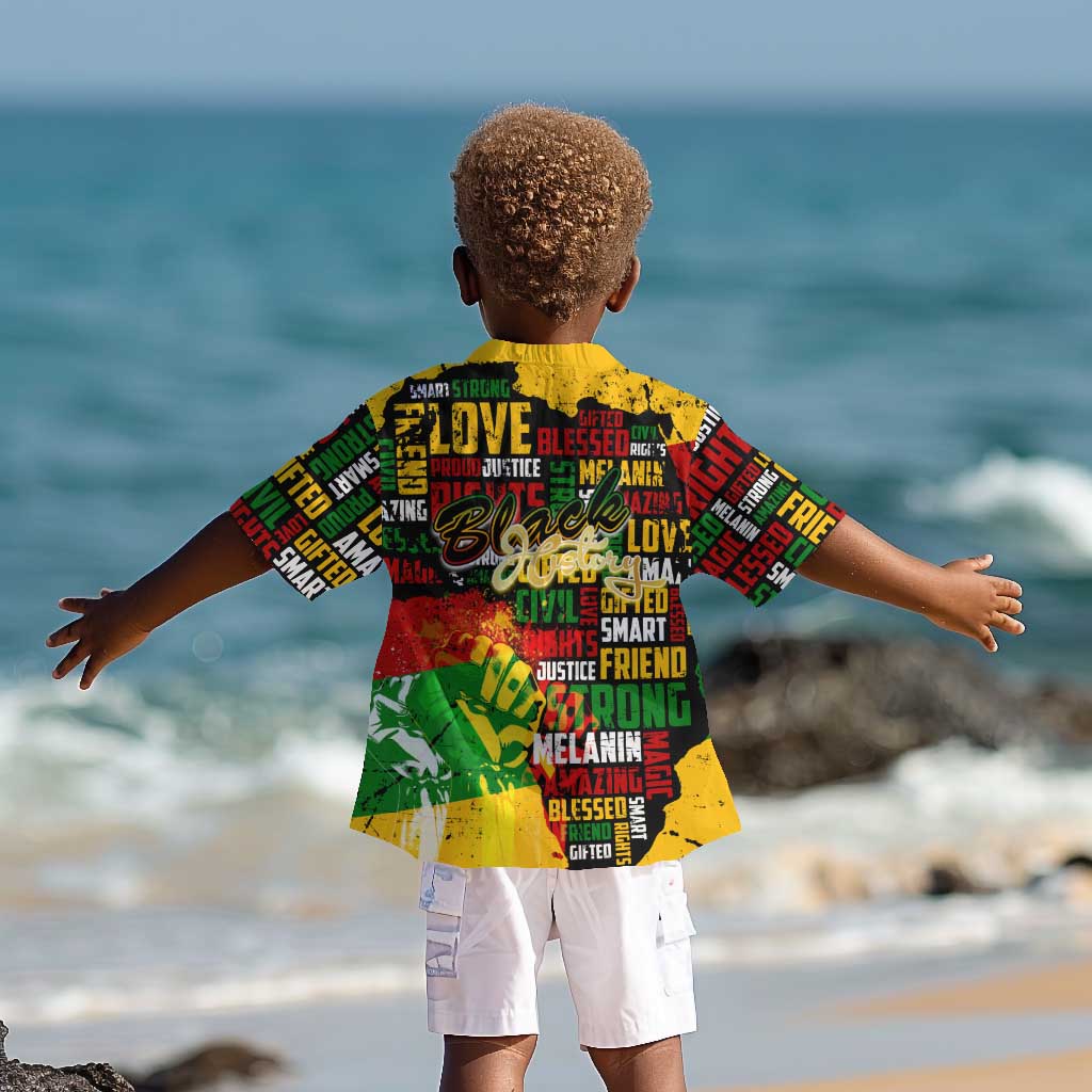 Black History Month Africa Kid Hawaiian Shirt Strength Love and Justice Typography