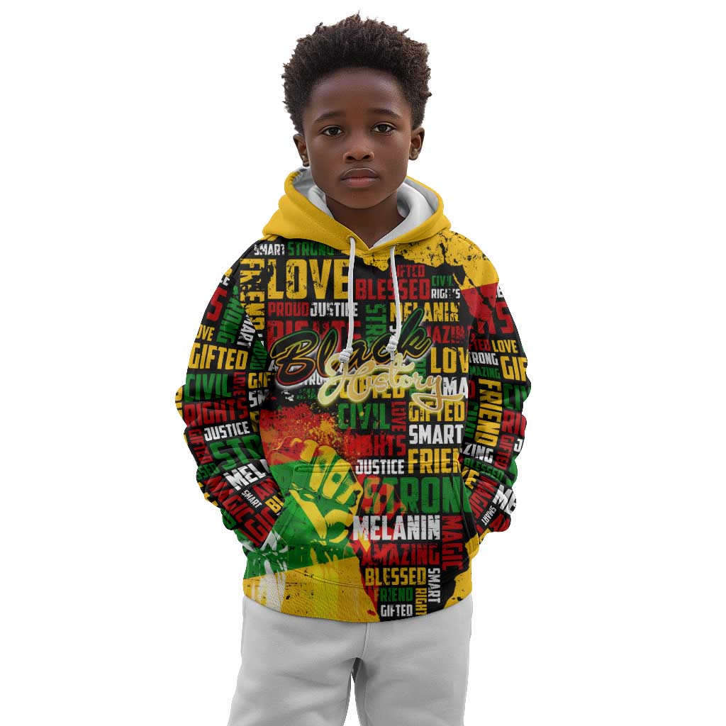 Black History Month Africa Kid Hoodie Strength Love and Justice Typography