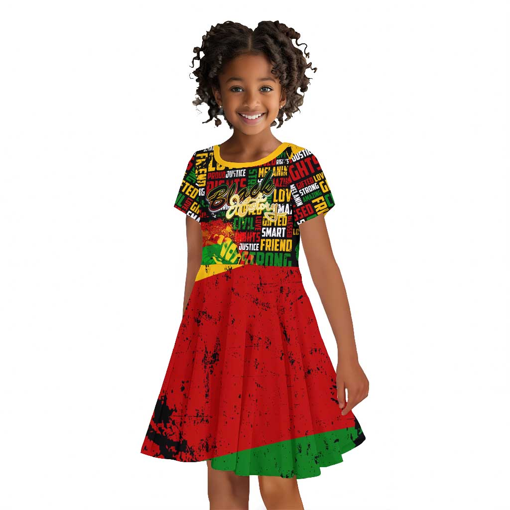 Black History Month Africa Kid Short Sleeve Dress Strength Love and Justice Typography
