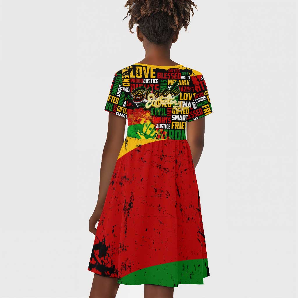 Black History Month Africa Kid Short Sleeve Dress Strength Love and Justice Typography