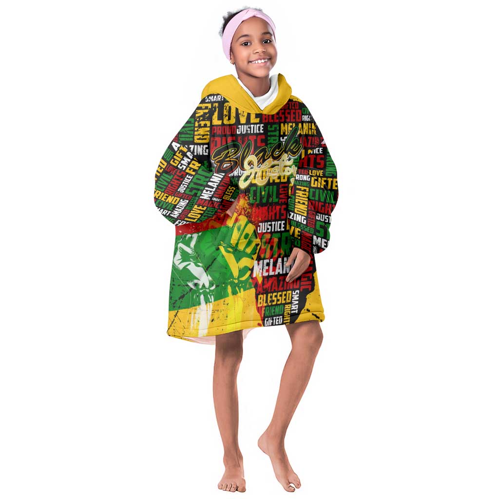 Black History Month Africa Kid Wearable Blanket Hoodie Strength Love and Justice Typography
