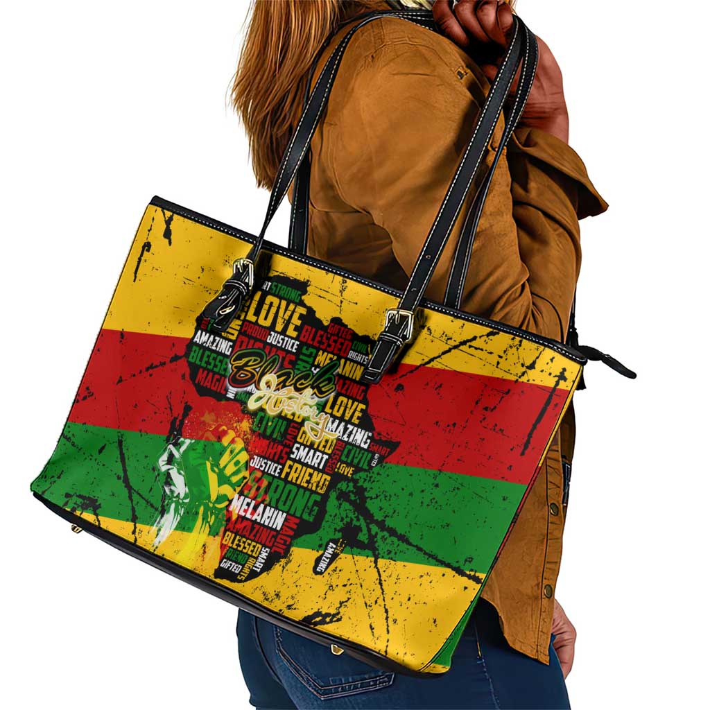 Black History Month Africa Leather Tote Bag Strength Love and Justice Typography