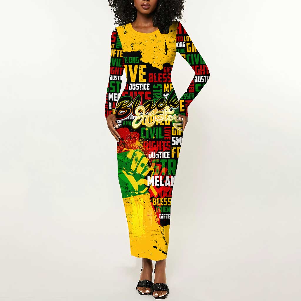 Black History Month Africa Long Sleeve Bodycon Dress Strength Love and Justice Typography DT02